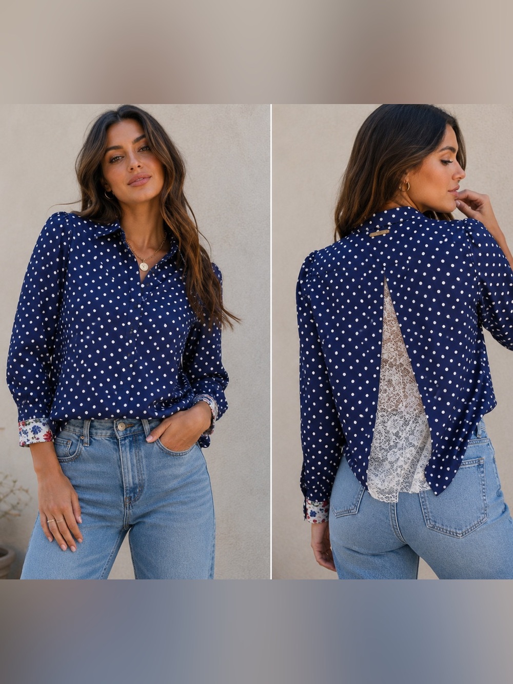 Birds of Paradis by Trovata Blue White Polka Dot Lace Back Pop Over Blouse - Picture 1 of 14